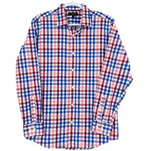 Banana Republic Mens Large Red White Blue Gingham Check Non-Iron Slim Fit‎ Shirt